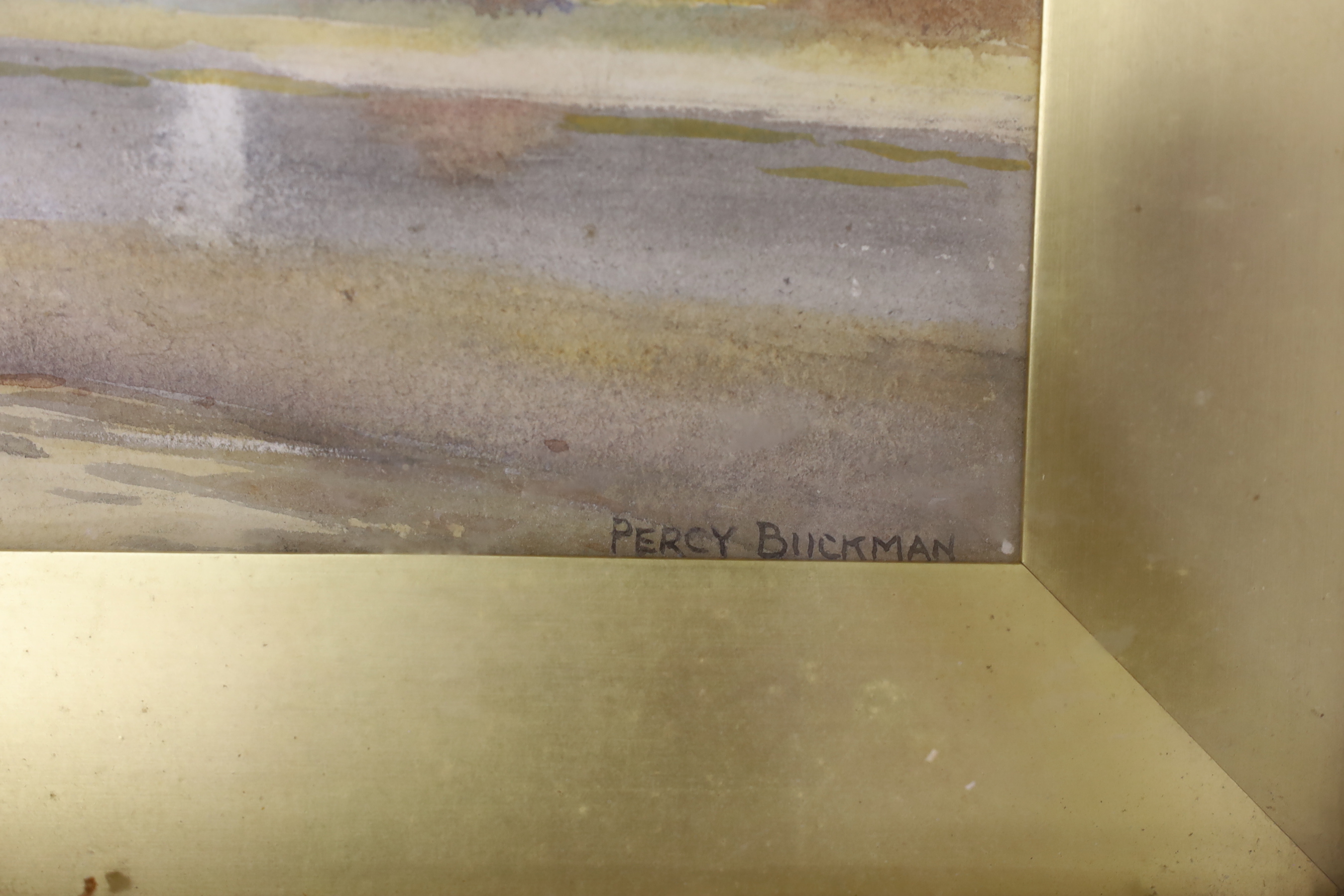 Percy Buckman RMS, (British 1865-1935), watercolour, Estuary with windmill, signed, 17 x 24cm